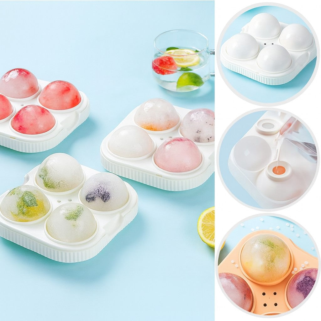 Forma Sfere de Gheata pentru Wiskey si Cocktail-uri Flippy, 4 Sfere, Material Plastic/Silicon Alimentar, Diametru 6.5 cm, cu Orificiu Tip Palnie pentru Umplere, 17 x 17 x 7 cm, Alb - vivimall.ro