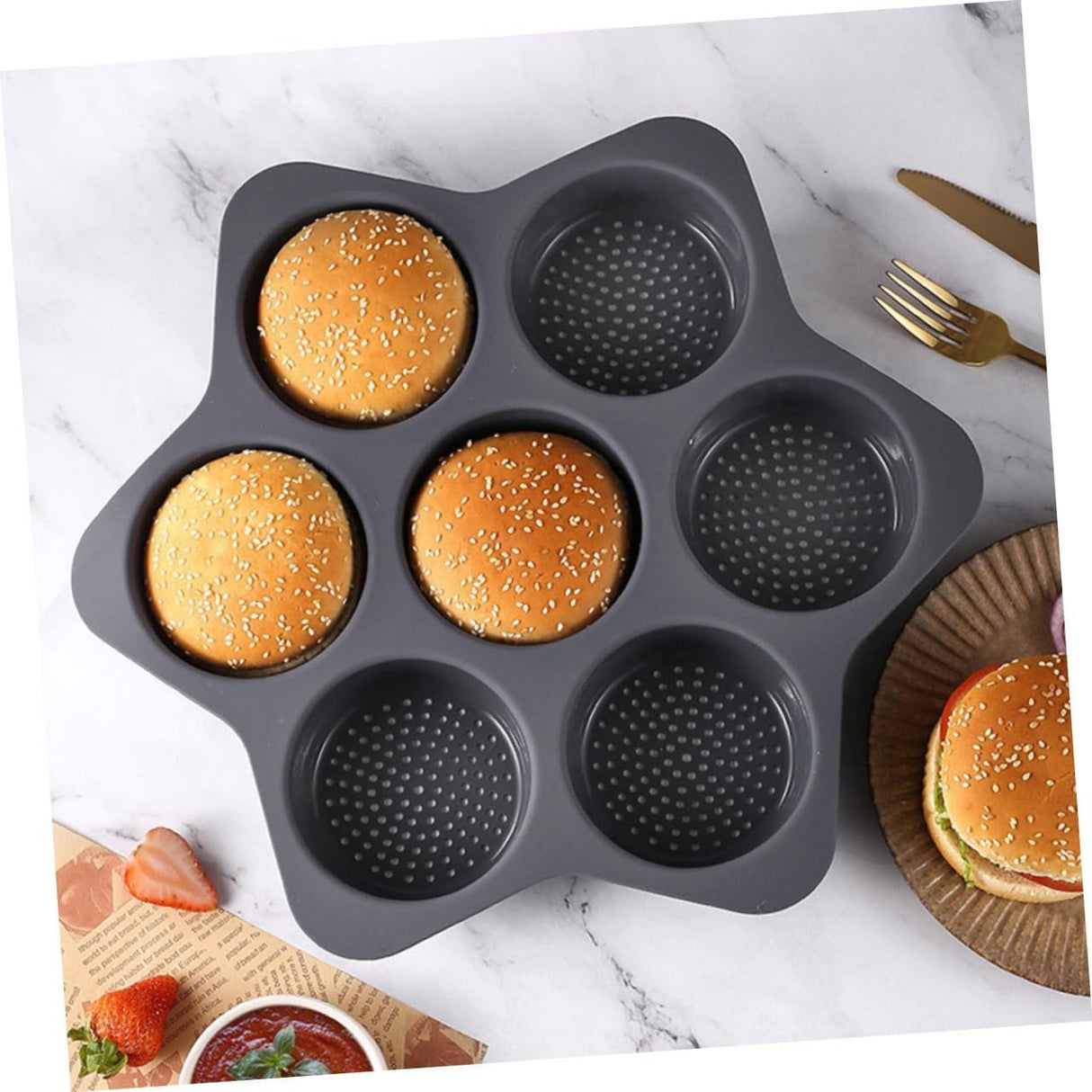 Forme de Silicon pentru Copt, Vivimall, 7 Forme Rotiunde, pentru Burgeri si Prajituri, 38.5 x 4 cm, Negru - vivimall.ro