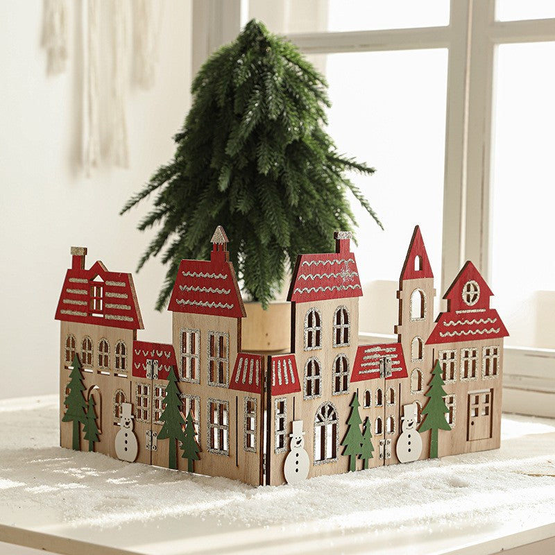 Decoratiune de Craciun, Flippy, Model Orasel de Craciun pentru Brad, in stil European, Pliabil din Lemn, 57 x 20 cm, Maro Natur Rosu - vivimall.ro