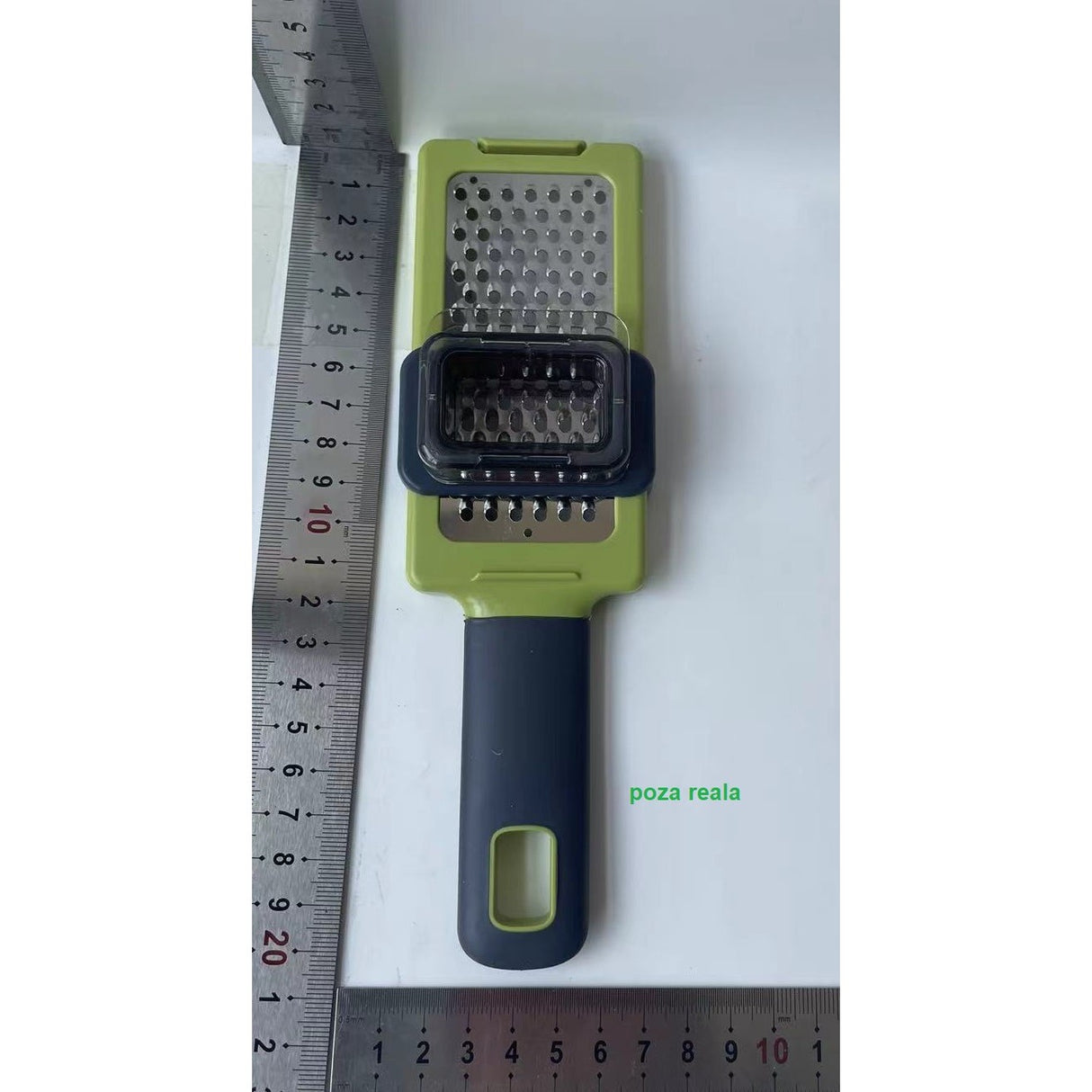 Răzătoare multifuncțională Vivimall pentru brânză și usturoi, unghi lateral, culoare verde/gri