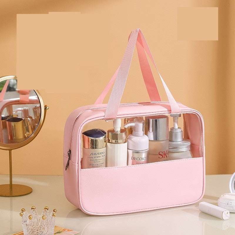 Geanta cosmetice Vivimall, pentru voiaj sau organizare, material PVC/textil, impermeabila, portabila, 30 x 21 x 12 cm, roz - vivimall.ro