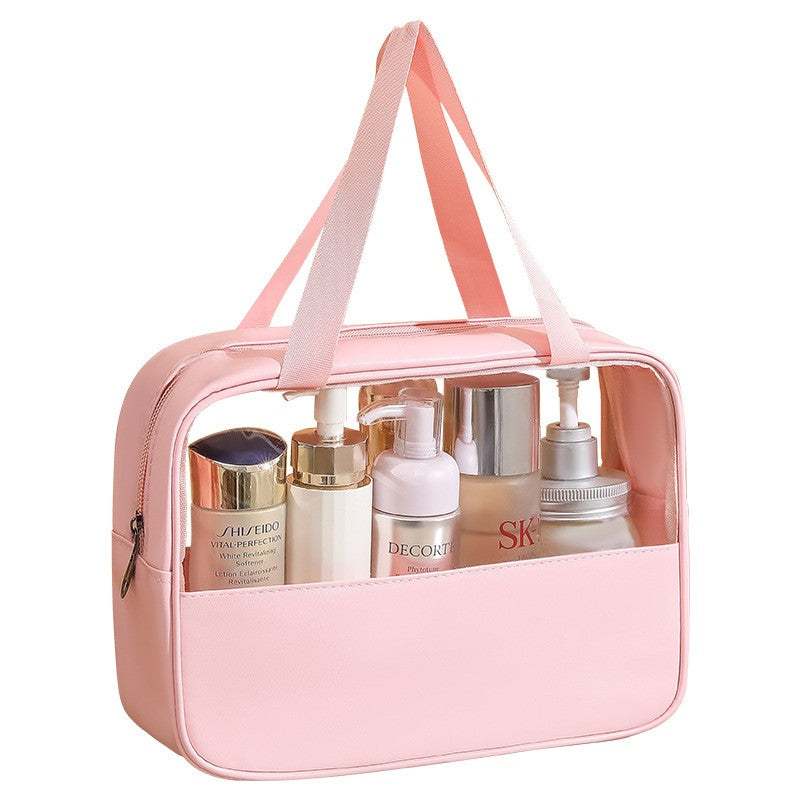 Geanta cosmetice Vivimall, pentru voiaj sau organizare, material PVC/textil, impermeabila, portabila, 30 x 21 x 12 cm, roz - vivimall.ro