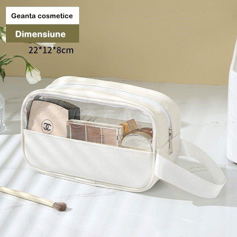 Geanta cosmetice Flippy, pentru voiaj sau organizare, material PVC/textil, impermeabila, portabila, 22 x 12 x 8 cm, alb - vivimall.ro