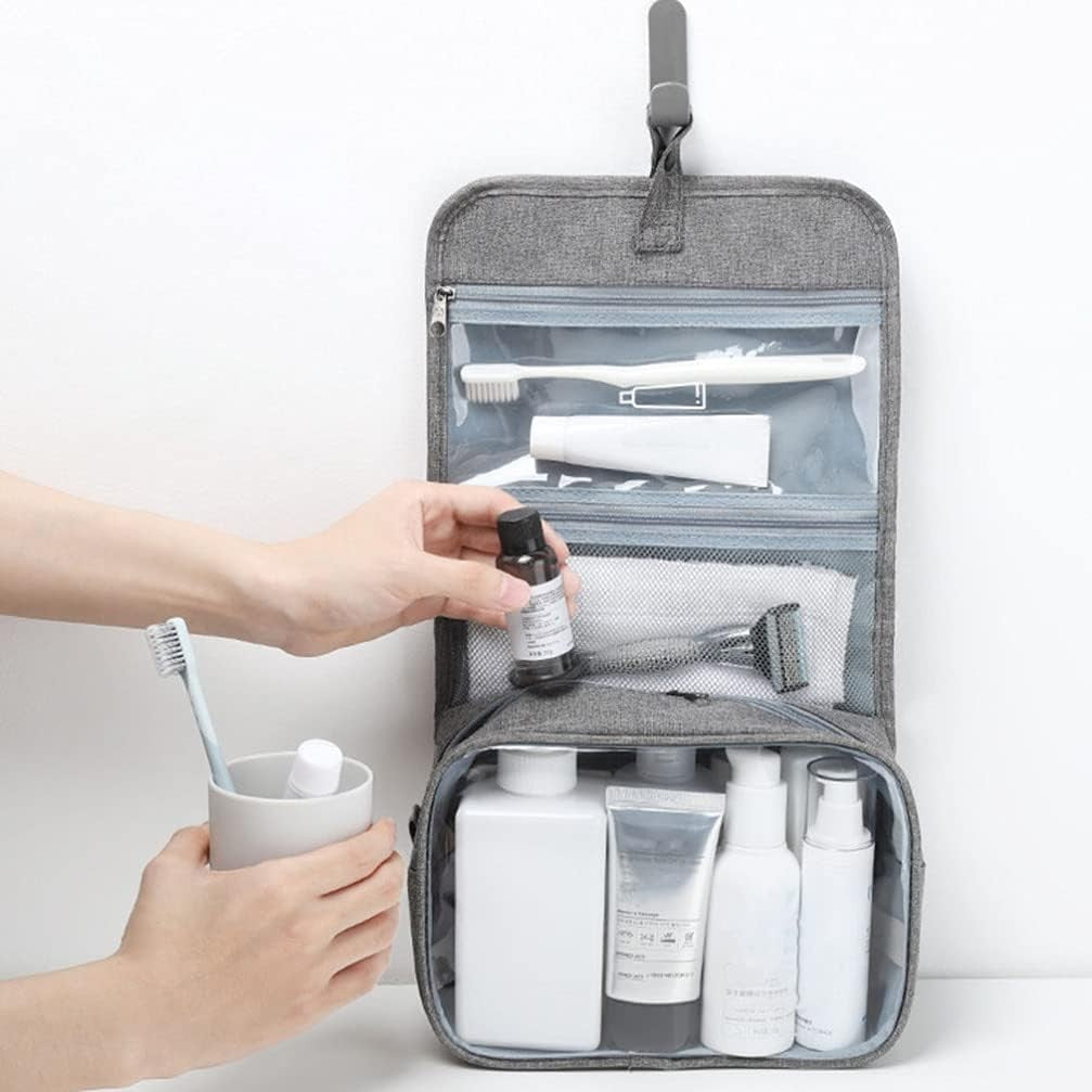 Geanta cosmetice voiaj, Vivimall, material panza, impermeabil, 3 compartimente, cu agatatoare, Gri, 47 x 28 x 20 cm - vivimall.ro