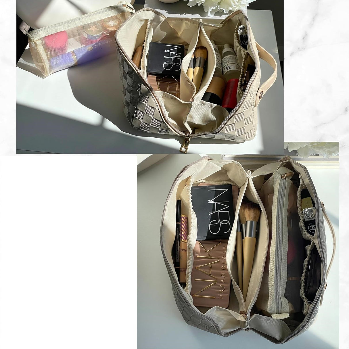 Geanta de Calatorie Vivimall, Pentru Cosmetice, Portabila, Impermeabila, din Piele Ecologica, Compartimente Multiple, cu Fermoar, 22 x 13 x 12.5 cm, In Carouri, Alb - vivimall.ro