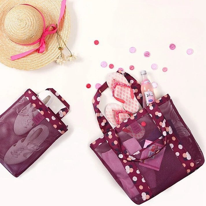 Geanta de Plaja, Vivimall, din Plasa Transparenta, Imprimeu Floral, 43 x 10 x 33 cm, Model pentru Umar, Lungime Inferioara 33 cm, Burgundy - vivimall.ro