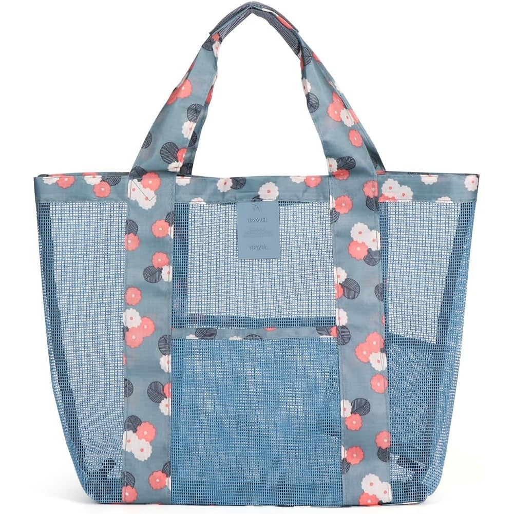 Geanta de Plaja, Vivimall, din Plasa Transparenta, Imprimeu Floral, 43 x 10 x 33 cm, Model pentru Umar, Lungime Inferioara 33 cm, Albastru - vivimall.ro