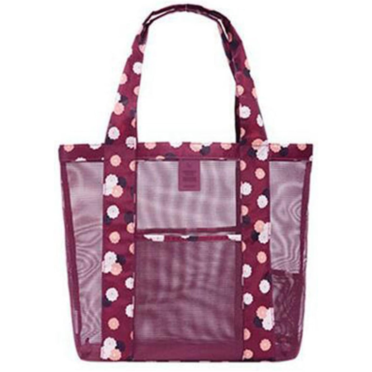 Geanta de Plaja, Vivimall, din Plasa Transparenta, Imprimeu Floral, 43 x 10 x 33 cm, Model pentru Umar, Lungime Inferioara 33 cm, Burgundy - vivimall.ro