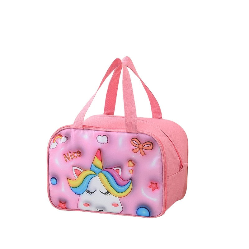 Geantă Frigorifică, Vivimall, cu Desene Animat 3D, Portabilă pentru Copii, de Prânz, din Pânză Oxford, 27.5x18x20 cm, Model Unicorn, Roz - vivimall.ro