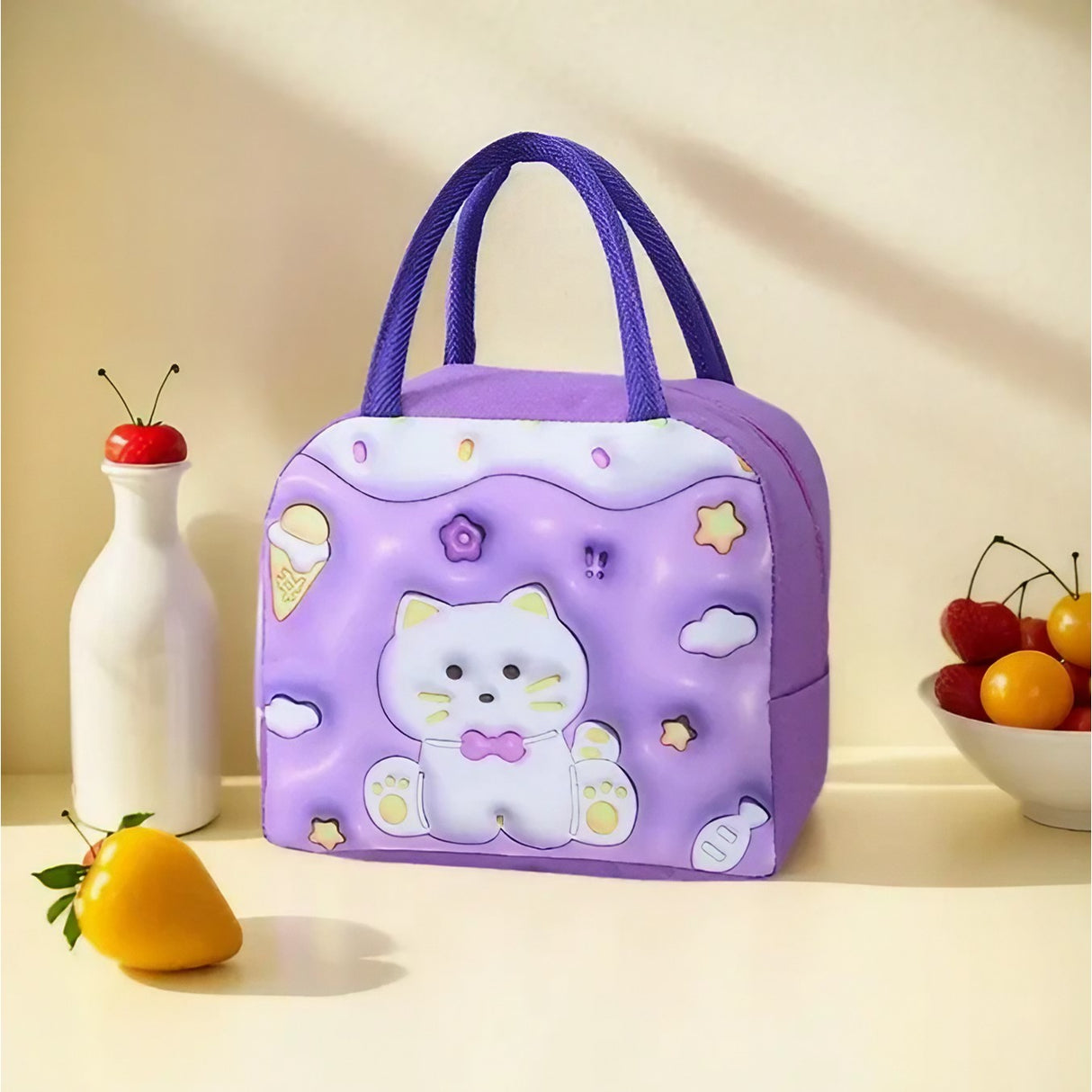 Geantă Frigorifică, Vivimall, cu Desene Animate 3D, Portabilă pentru Copii, de Prânz, din Pânză Oxford, 23x13x19 cm, Model Pisicuta, Mov - vivimall.ro