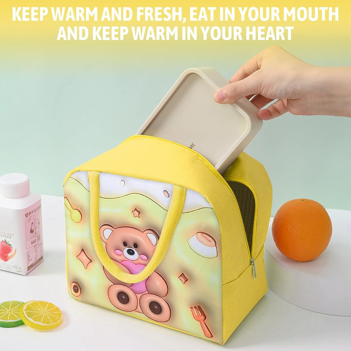 Geantă Frigorifică, Flippy, cu Desene Animate 3D, Portabilă pentru Copii, de Prânz, din Pânză Oxford, 23x13x19 cm, Model Ursulet, Galben
