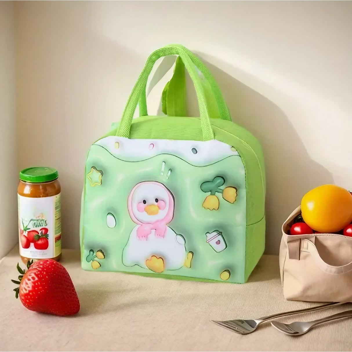 Geantă Frigorifică, Flippy, cu Desene Animate 3D, Portabilă pentru Copii, de Prânz, din Pânză Oxford, 23x13x19 cm, Model Ratusca, Verde