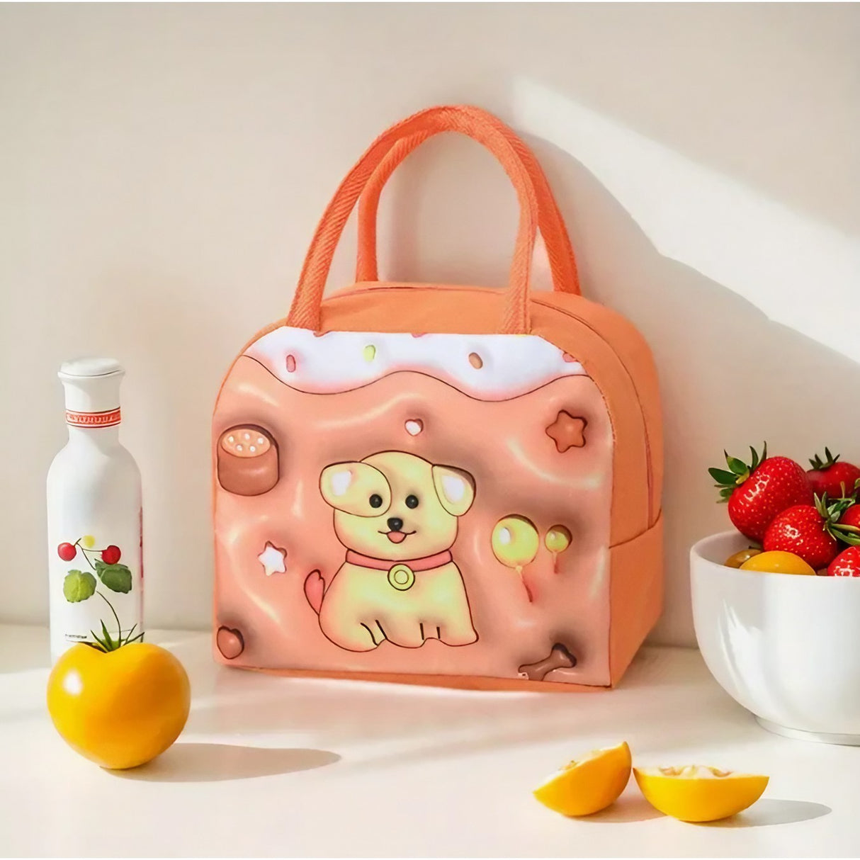 Geantă Frigorifică, Vivimall, cu Desene Animate 3D, Portabilă pentru Copii, de Prânz, din Pânză Oxford, 23x13x19 cm, Model Catelus, Maro - vivimall.ro