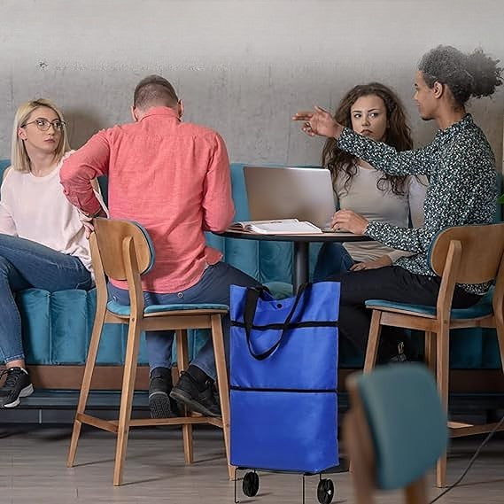 Geanta Pliabila, Vivimall, 2 in 1, Carucior cu Roti, pentru Cumparaturi, 19 l, Albastru, Plastic, 39 x 46 x 12 cm - vivimall.ro