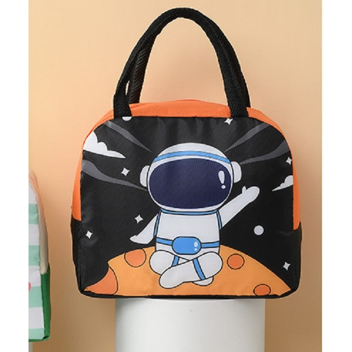 Geanta Termoizolanta Pentru Copii, 23X13X19 Cm, Model Imprimeu Astronaut, Din Folie De Aluminiu Si Panza Oxford, Negru/Portocaliu - vivimall.ro