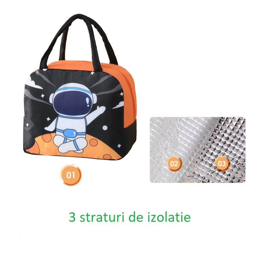 Geanta Termoizolanta Pentru Copii, 23X13X19 Cm, Model Imprimeu Astronaut, Din Folie De Aluminiu Si Panza Oxford, Negru/Portocaliu - vivimall.ro