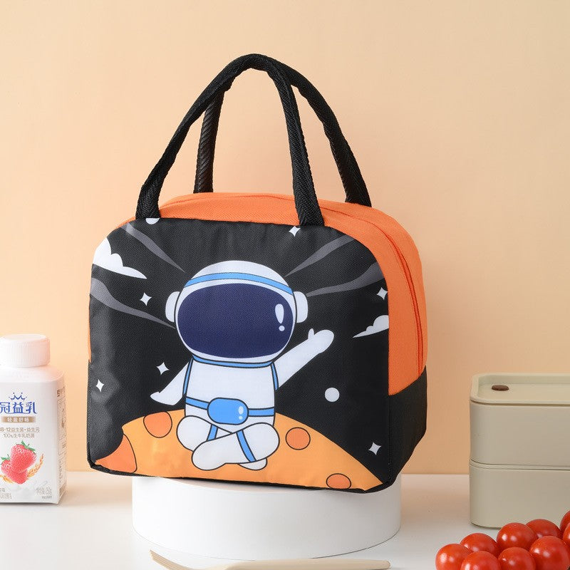Geanta Termoizolanta pentru Copii, Vivimall, 23x13x19 cm, Model Imprimeu Astronaut, din Folie de Aluminiu si Panza Oxford, Negru/Portocaliu - vivimall.ro
