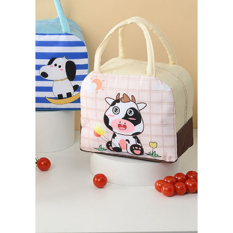 Geanta Termoizolanta Pentru Copii, 23X13X19 Cm, Model Imprimeu Vacuta, Din Folie De Aluminiu Si Panza Oxford, Bej - vivimall.ro