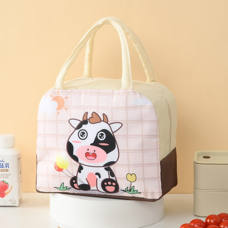 Geanta Termoizolanta Pentru Copii, 23X13X19 Cm, Model Imprimeu Vacuta, Din Folie De Aluminiu Si Panza Oxford, Bej - vivimall.ro