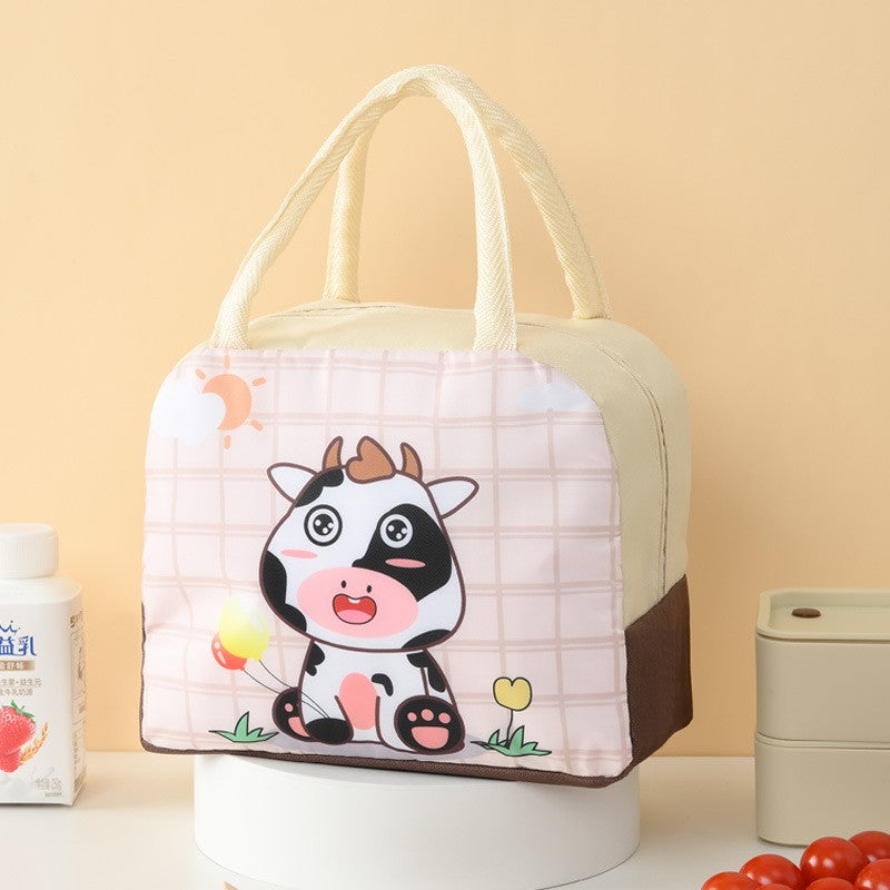 Geanta Termoizolanta pentru Copii, Flippy, 23x13x19 cm, Model Imprimeu Vacuta, din Folie de Aluminiu si Panza Oxford, Bej