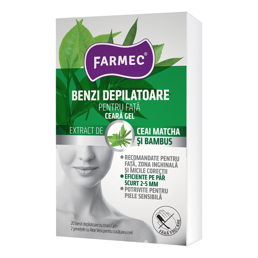 Gel, Farmec Benzi Depilatoare Fata Ceara, 2SERV Aloe Vera Ceai Matcha Bambus 8380, 20 buc