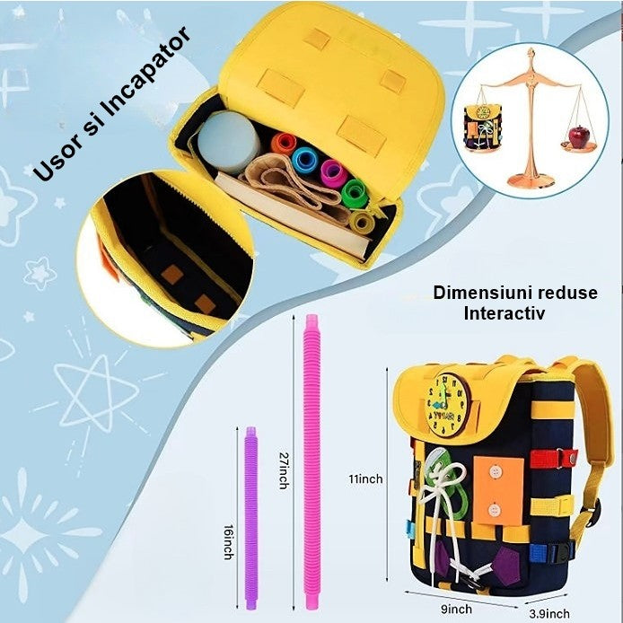 Ghiozdan Montessori, Vivimall, pentru Copii 2-6 ani, Fidget Pop, cu Catarame si Fermoare, Jucarii Senzoriale, Activitate de Invatare prin Joc, Albastru Marin, 0.25 kg, 28x10x23 cm - vivimall.ro