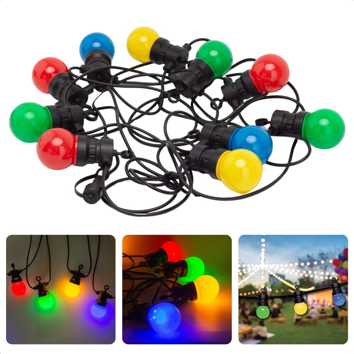 Ghirlanda Luminoasa, Vivimall, fara Transformator, 10 m, 20 LED-uri Model Bulb, Interconectabila, IP65, Multicolor - vivimall.ro