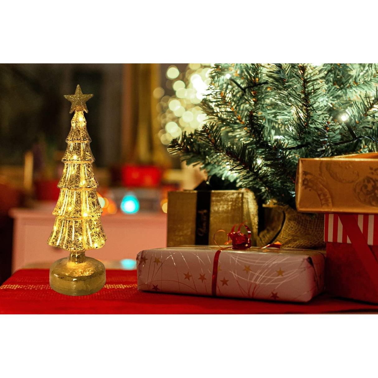 Decoratiune de Craciun, Flippy, Model Brad cu Stea, din Sticla, Lumini, Baterii 3 AA, 31.5 x 9 cm, Auriu - vivimall.ro