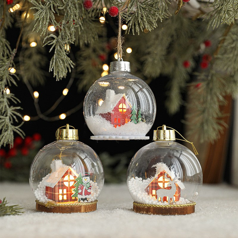 Glob pentru Bradul de Craciun LED, Vivimall, Model B, Glob Transparent cu Figurina Casa si Ren iluminat LED, Diametrul 10 cm, Baza Solida, Transparent - vivimall.ro
