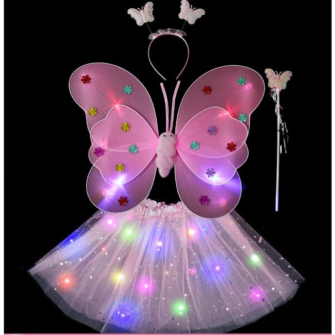 Costum Fluturas cu Aripi Modelabile Luminoase pentru Copii, Vivimall, Fusta din Tul cu Lumini, Bagheta si Bentita, 4 piese, Pentru Halloween, Roleplay, Craciun, Carnaval, Paste, Ziua Copilului, Bumbac/Poliester, Marime universala, Roz - vivimall.ro