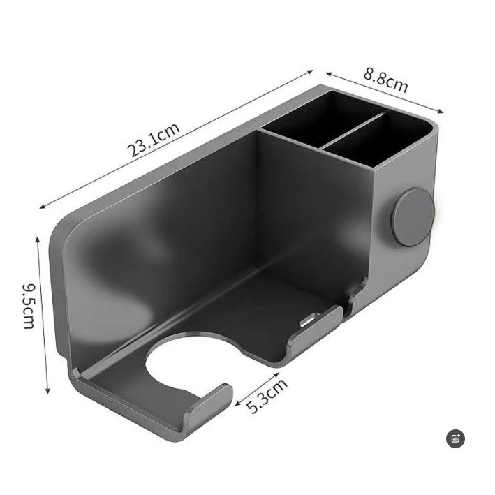 Suport de Baie, Vivimall, pentru Uscator de Par, cu Organizator Dublu, din Plastic, Aplicare cu Suport Adeziv, 23 x 8.8 x 9.5 cm, Gri - vivimall.ro