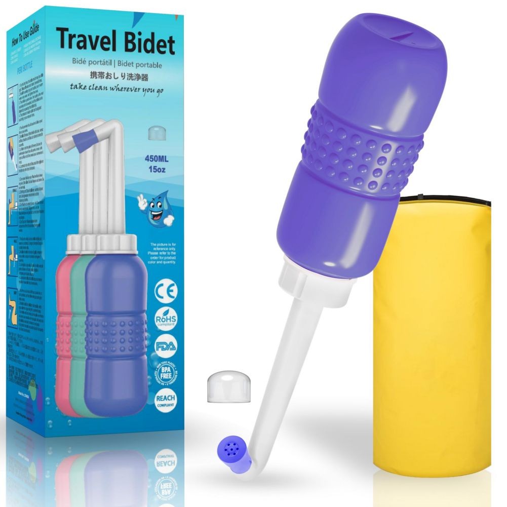 Bideu Portabil pentru Igiena Intima, Vivimall, pentru Postpartum/ Postoperator, 450 mL, cu Capac si Husa Galbena, 29.5x7 cm, Culoare Recipient Mov - vivimall.ro