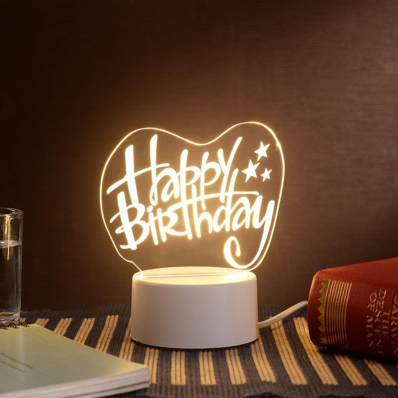 Lampa LED decorativa, Vivimall, 3D, Happy Birthday, cu USB si baterii, 20 cm inaltime, din material acril, lumina multicolora si telecomanda inclusa, alb - vivimall.ro