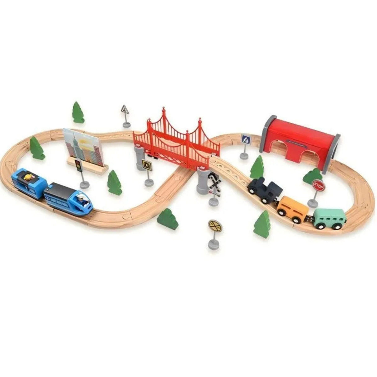 Set trenuleț electric din lemn Flippy, 52 piese, circuit complet cu pod suspendat și tunel, vedere de ansamblu