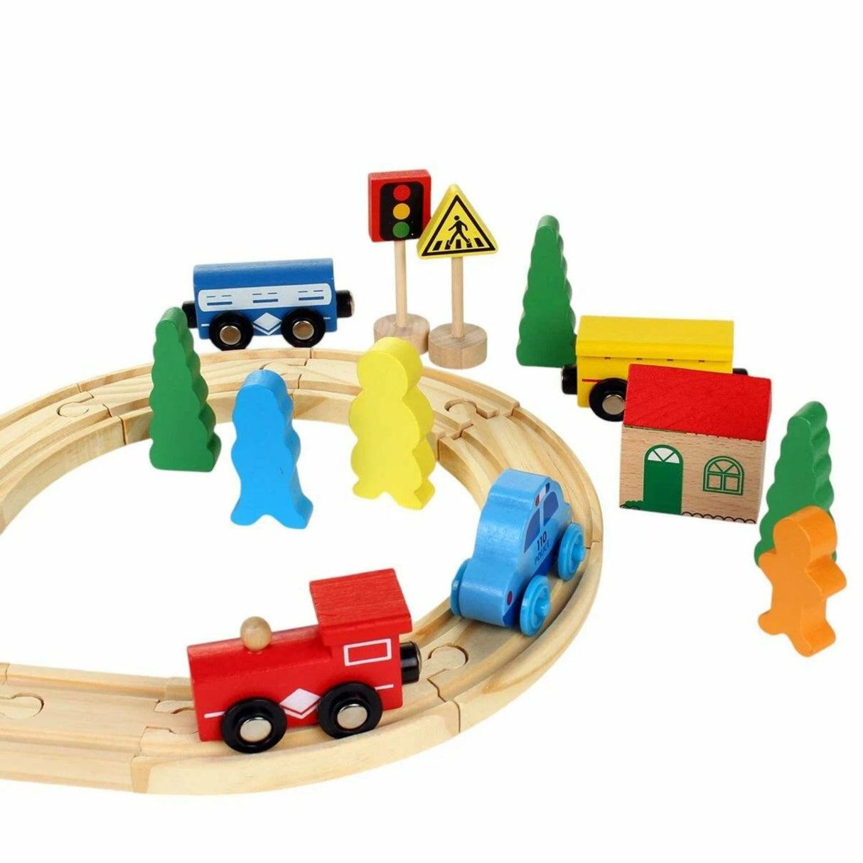 Set Circuit Trenulet din Lemn, Flippy, 33 Piese, Trenulet Magnetic, Jucarie Educativa Montessori, Masini de Interventie si Accesorii Urbane, 3 ani+, Multicolor - vivimall.ro