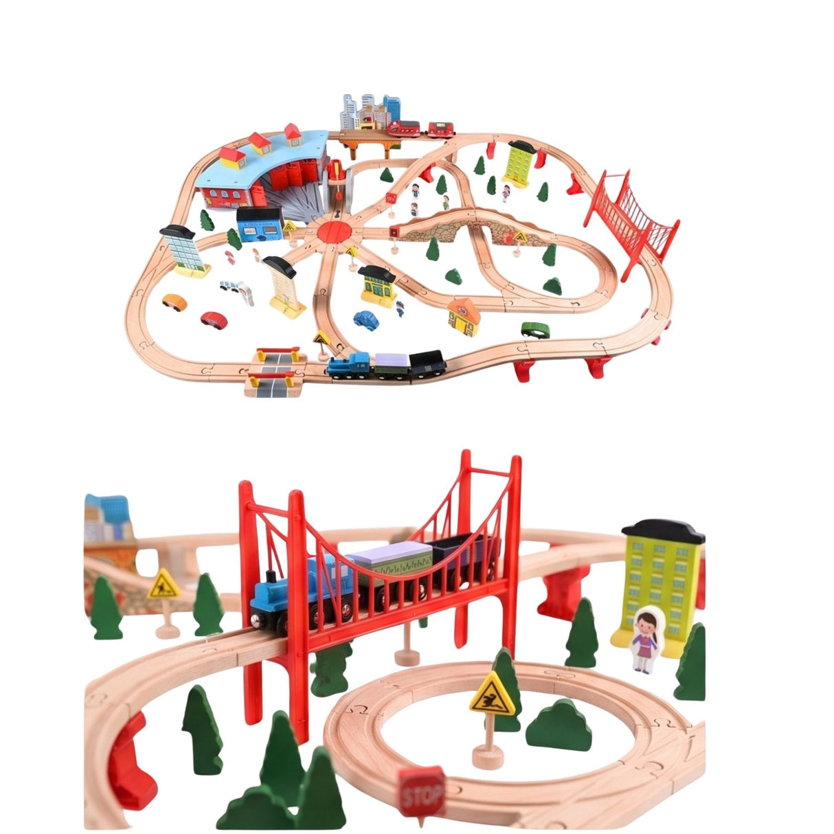 Mega Set Circuit Trenulet din Lemn, Flippy, 118 Piese, Locomotiva Electrica, Jucarie Educativa Montessori, Depou Central cu Placa Turnanta, Pod Suspendat, Macarale si Accesorii Oras, 3 ani+, Multicolor - vivimall.ro
