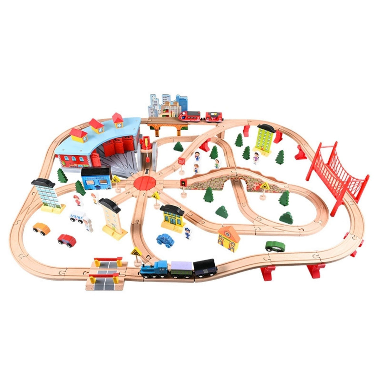 Mega Set Circuit Trenulet din Lemn, Flippy, 118 Piese, Locomotiva Electrica, Jucarie Educativa Montessori, Depou Central cu Placa Turnanta, Pod Suspendat, Macarale si Accesorii Oras, 3 ani+, Multicolor - vivimall.ro