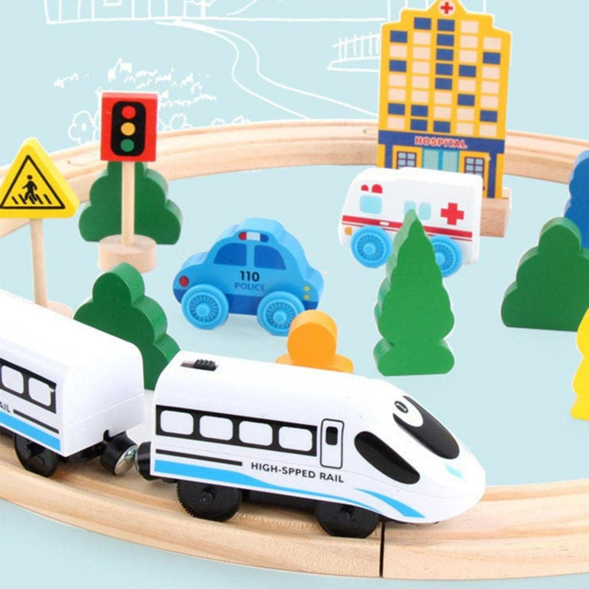 Set Circuit Trenulet din Lemn, Flippy, Locomotiva Electrica cu Sine de Lemn, 26 Piese, Jucarie Educativa Montessori, Tren de Mare Viteza, Masini de Interventie si Accesorii Oras, 3 ani+, Multicolor - vivimall.ro