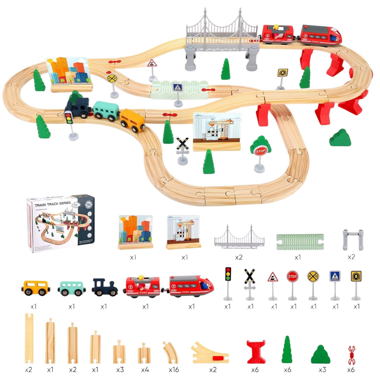 Set Circuit Trenulet din Lemn, Flippy, Locomotiva Electrica cu Sine de Lemn, 72 Piese, Jucarie Educativa Montessori, Circuit Feroviar cu Pod, Accesorii Oras si Santier, 3 ani+, Multicolor - vivimall.ro