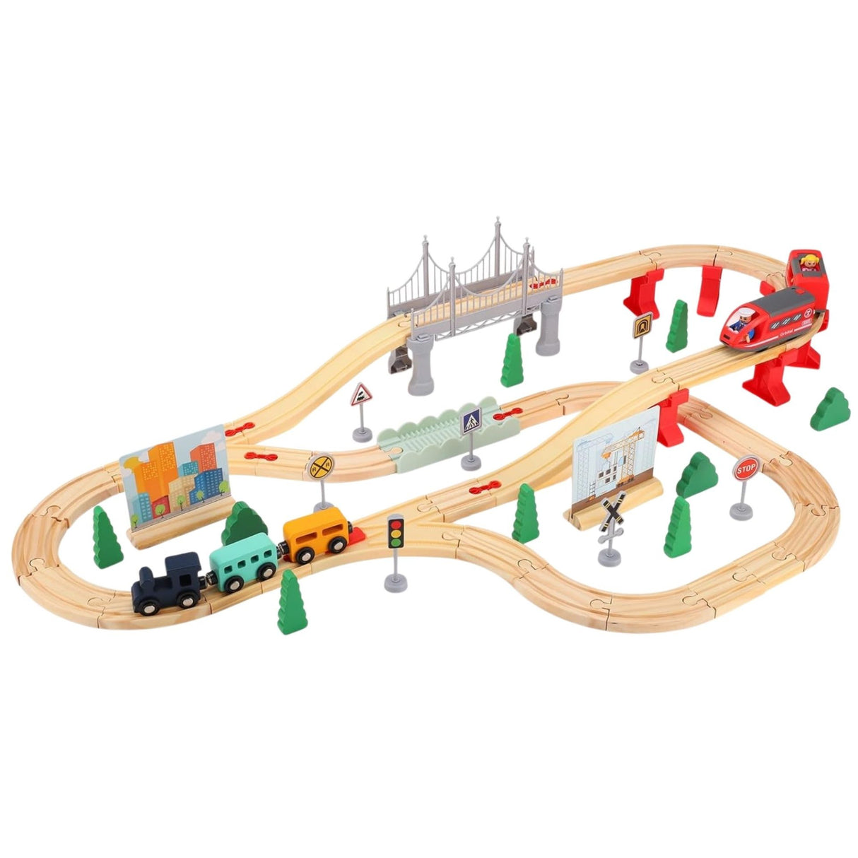 Set Circuit Trenulet din Lemn, Flippy, Locomotiva Electrica cu Sine de Lemn, 72 Piese, Jucarie Educativa Montessori, Circuit Feroviar cu Pod, Accesorii Oras si Santier, 3 ani+, Multicolor - vivimall.ro