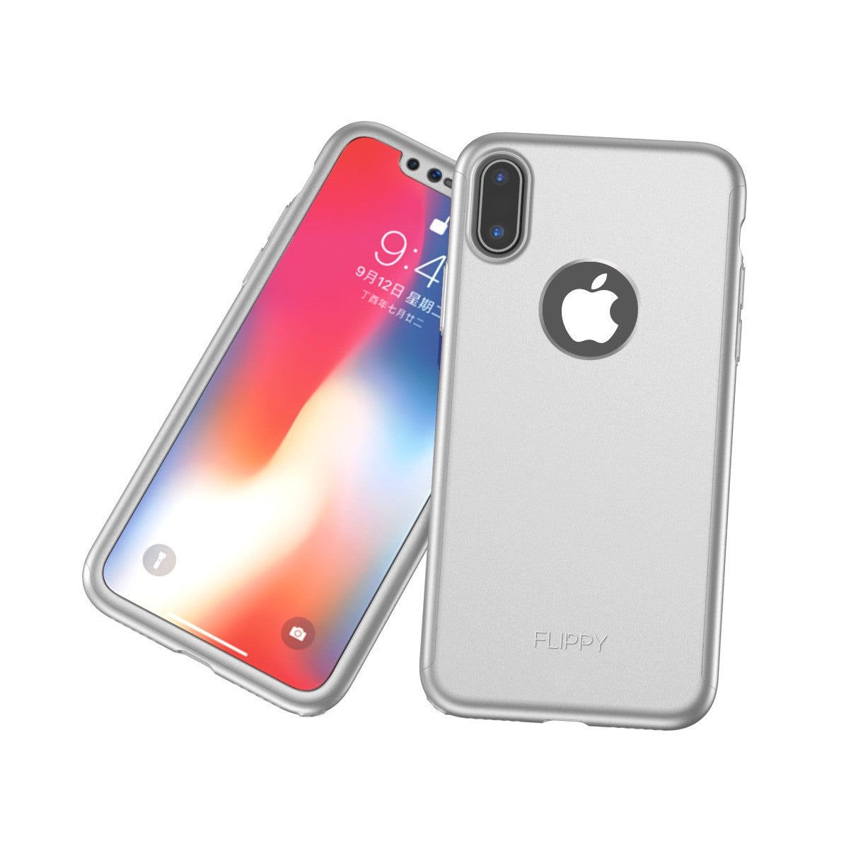 Set Husa si Folie de Protectie, Flippy, Compatibila cu Apple iPhone X, Full Cover 360°, Plastic + Sticla, Argintiu - vivimall.ro