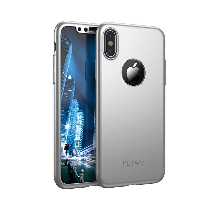 Set Husa si Folie de Protectie, Flippy, Compatibila cu Apple iPhone X, Full Cover 360°, Plastic + Sticla, Argintiu - vivimall.ro