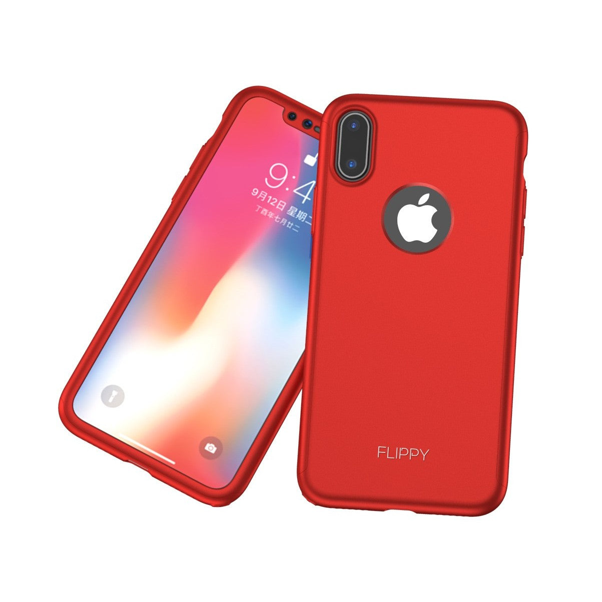 Set Husa si Folie de Protectie, Flippy, Compatibila cu Apple iPhone X, Full Cover 360°, Plastic + Sticla, Rosu - vivimall.ro