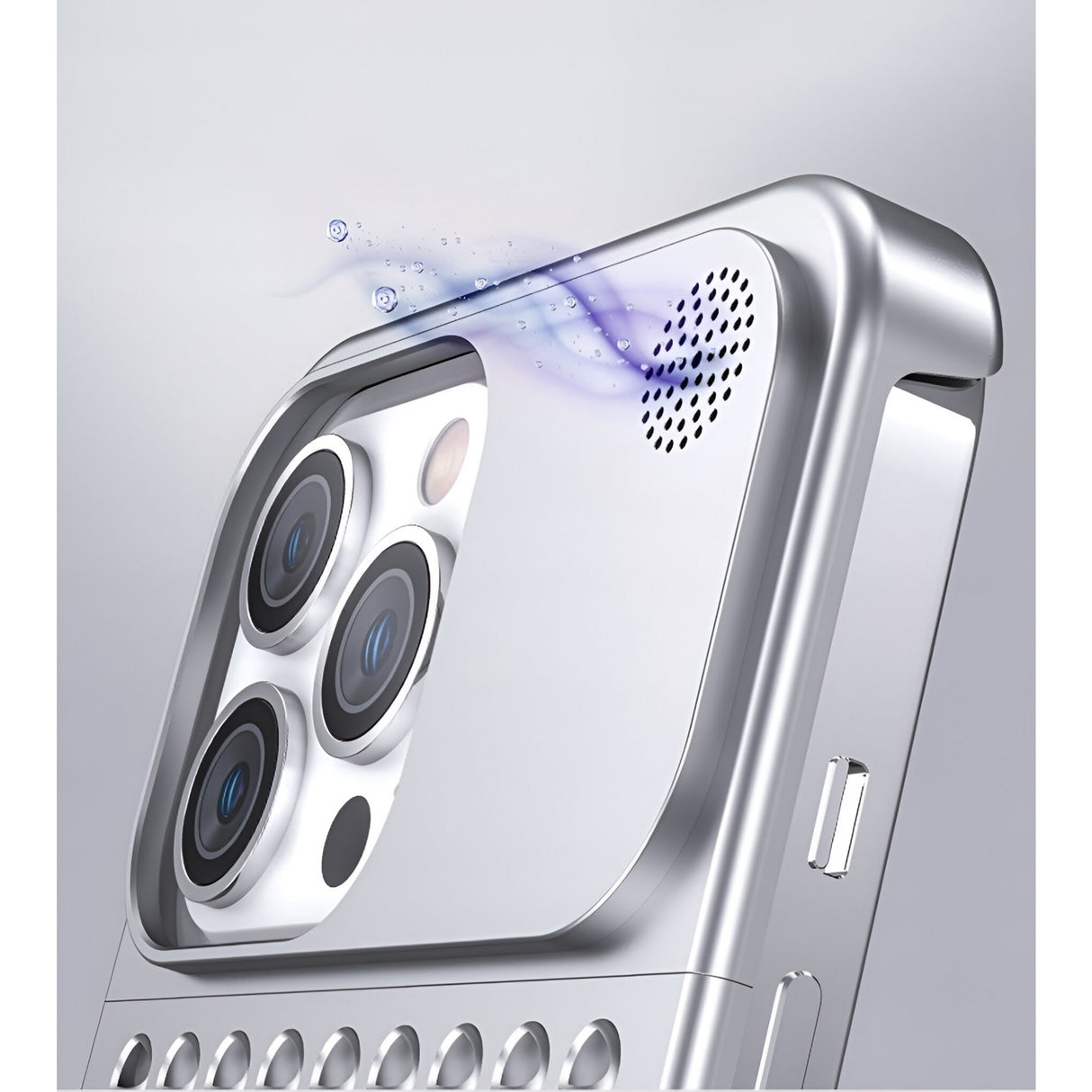 Husa Aromaterapia Compatibila cu iPhone 15 Pro, Vivimall, Antisoc, Antizgariere, Protectie Camera si Supraincalzire, din Aliaj de Aluminiu, Argintiu - vivimall.ro