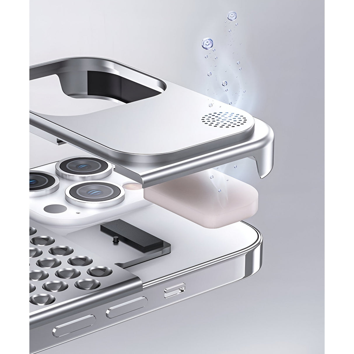 Husa Aromaterapia Compatibila cu iPhone 15 Pro Max, Vivimall, Antisoc, Antizgariere, Protectie Camera si Supraincalzire, din Aliaj de Aluminiu, Argintiu - vivimall.ro