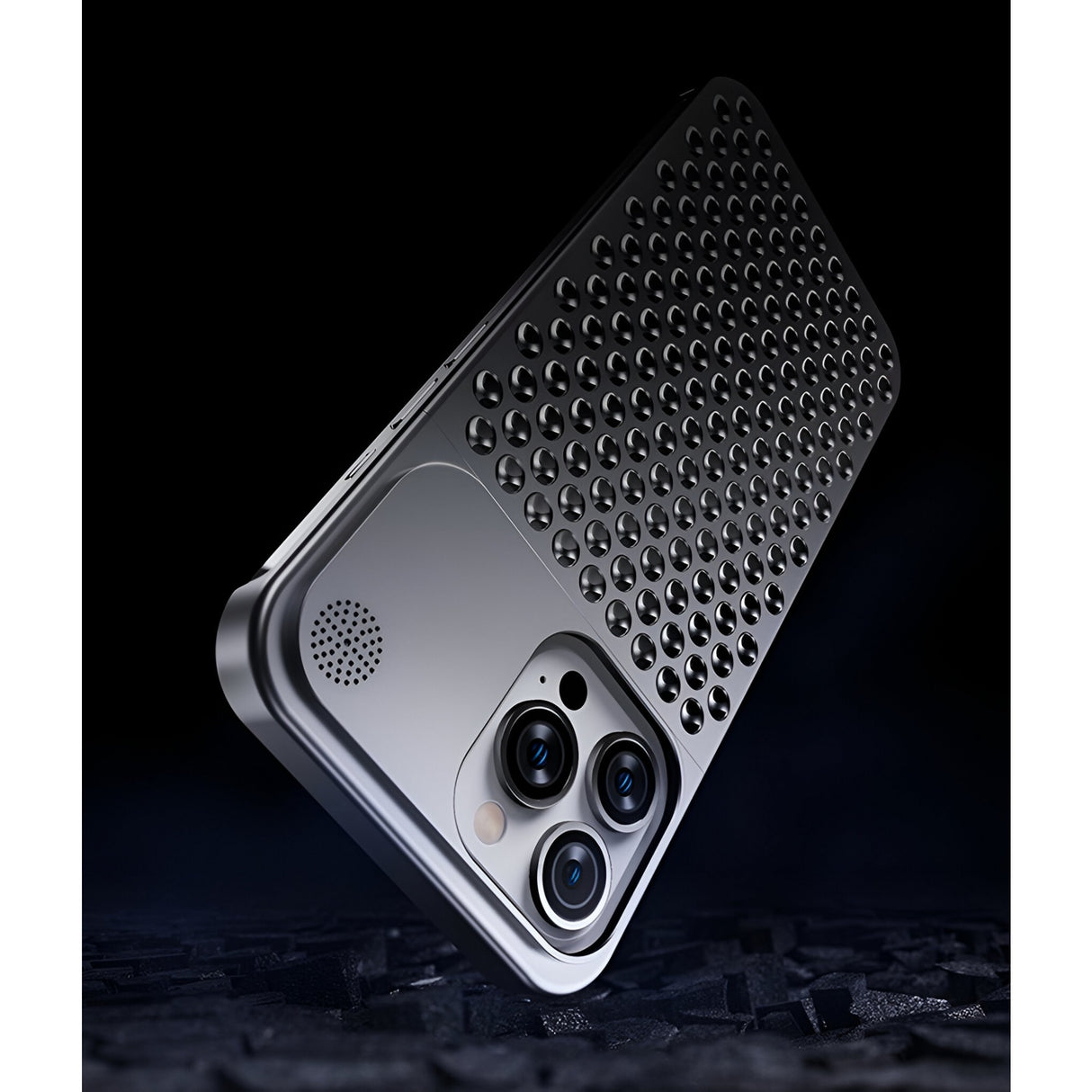 Husa Aromaterapia Compatibila cu iPhone 15 Pro Max, Vivimall, Antisoc, Antizgariere, Protectie Camera si Supraincalzire, din Aliaj de Aluminiu, Gri - vivimall.ro