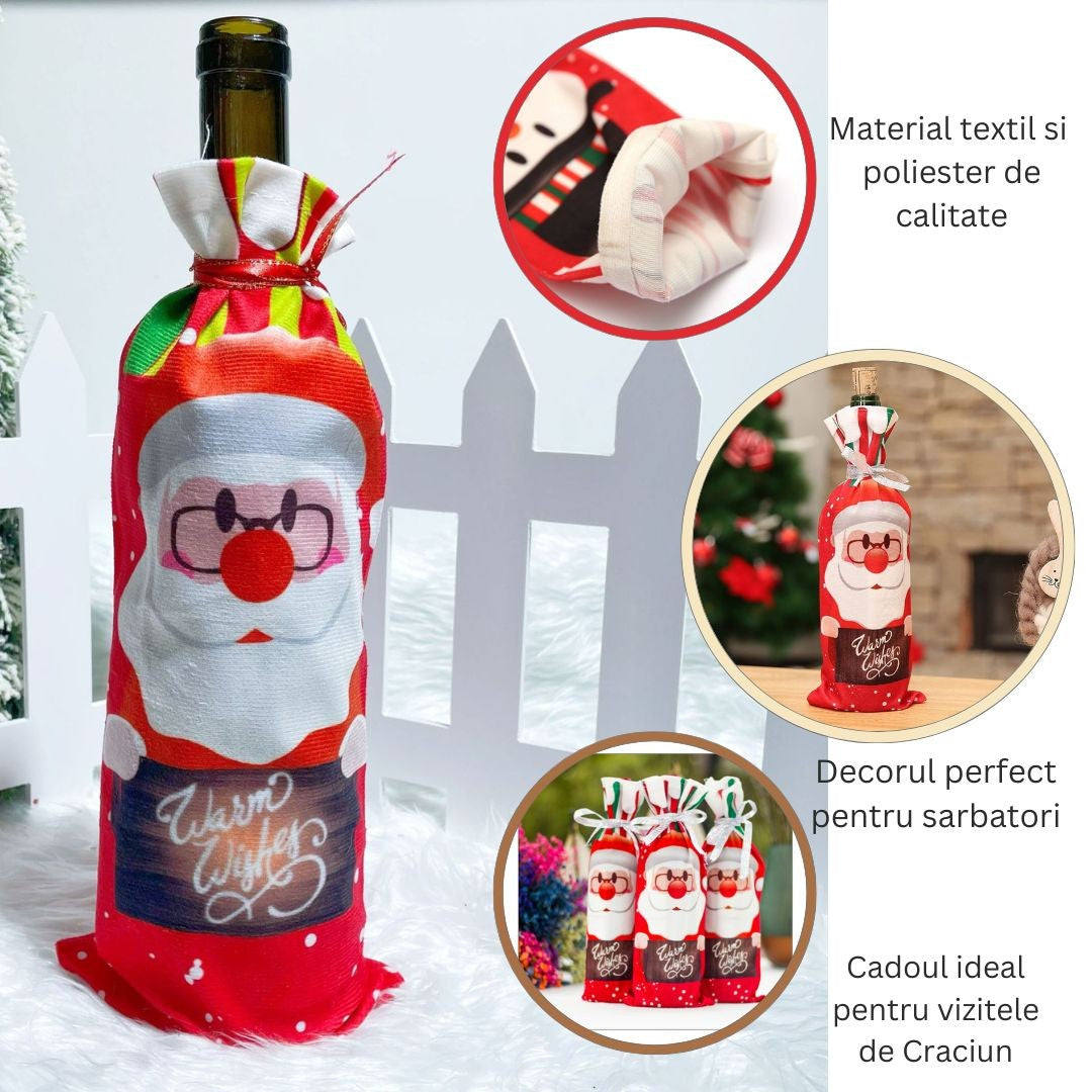 Husa Craciun pentru sticla de vin Vivimall, tema Mos Craciun, material textil, 34 cm, multicolor - vivimall.ro