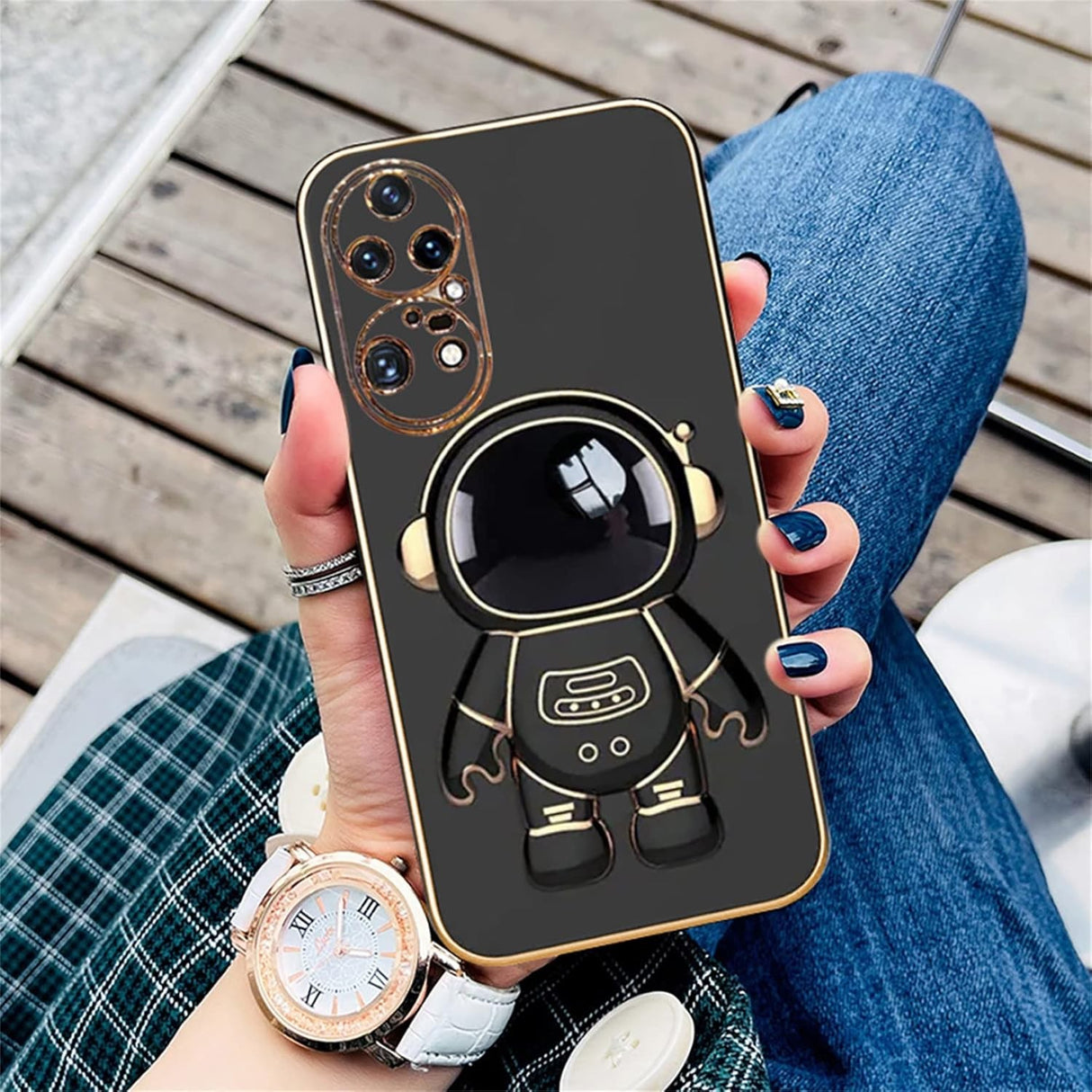 Husa Telefon 2in1, Vivimall, Compatibila Huawei P50 Pro, Carcasa TPU cu Suport Inclus Tip Astronaut, Protectie Camere, Negru - vivimall.ro