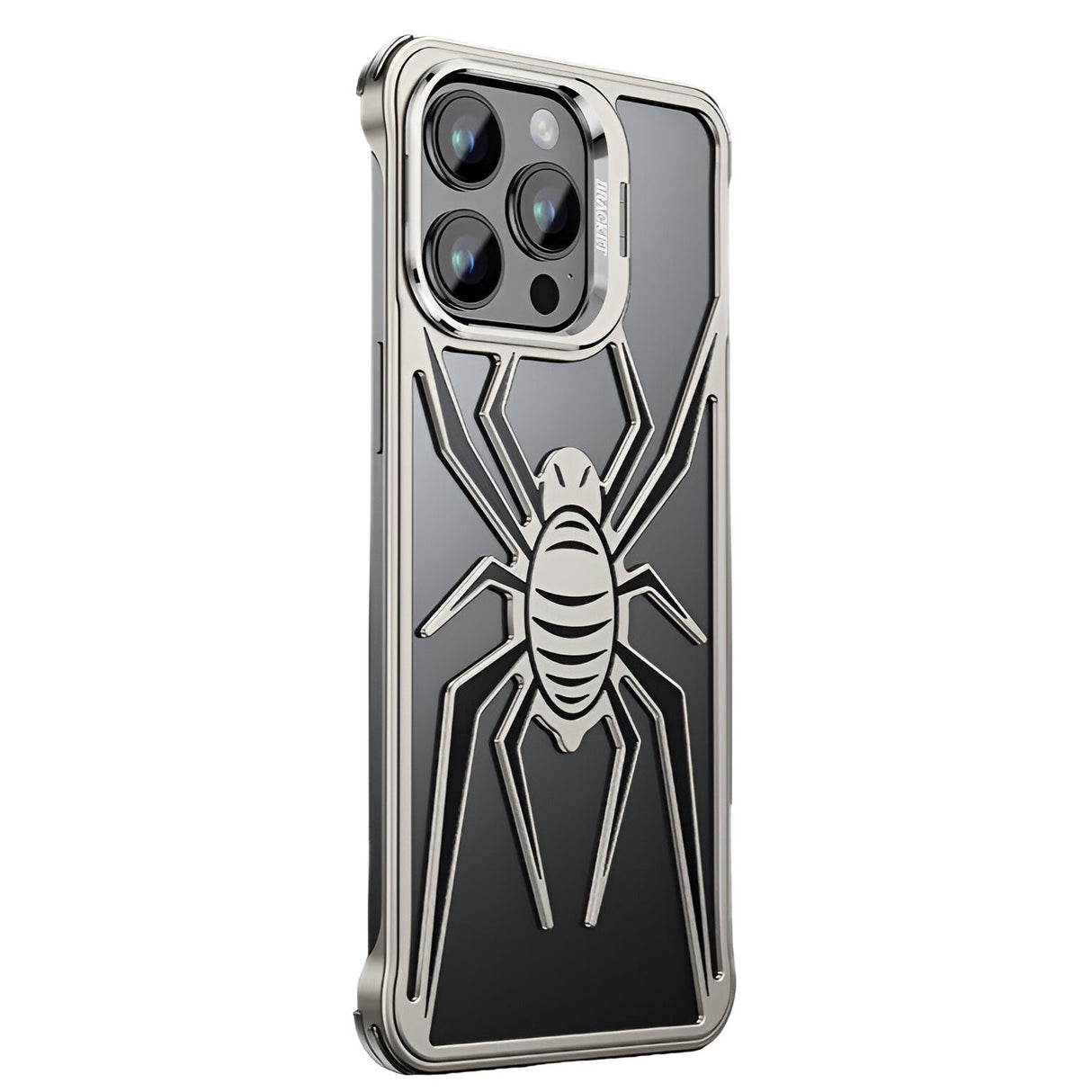 Husa de Protectie Compatibila iPhone 15 Pro Max, cu Suport Metalic pentru Camera, Armor Protective Series, Vivimall, Antisoc, Protectie de Metal pe Margini, Model Paianjen, Negru Gri - vivimall.ro