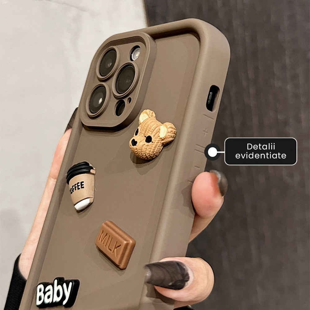 Husa de Protectie, Vivimall, pentru Apple iPhone 14, Model Ursuleti 3D, Antisoc, Rezistenta la Impact, Protectie Camera, Maro - vivimall.ro